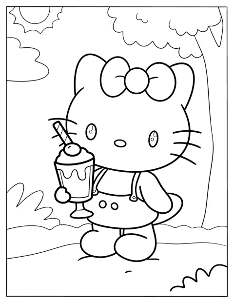 Hello Kitty se plimbă prin parc ținând un milkshake.