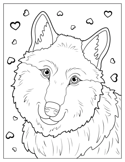 Herzen schweben um den flauschigen Wolf, der aus der Nähe zu sehen ist.