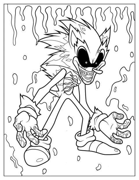 Böser Sonic Exe steht mit Blut bedeckt vor einem schlichten Hintergrund.