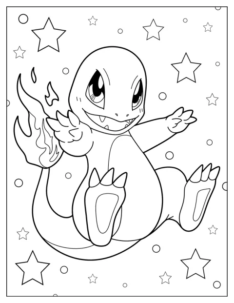 Im Anime-Stil ist Glumanda mit seinem flammenden Schwanz dargestellt.