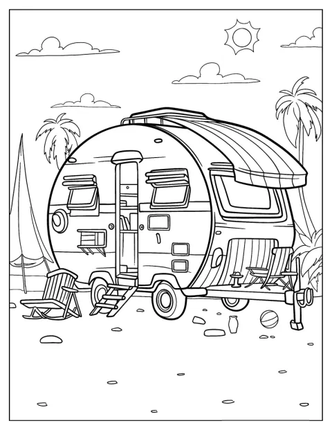 En rund campervan står vid strandstolar.