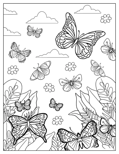 Plusieurs papillons virevoltent au-dessus d’un champ de fleurs.