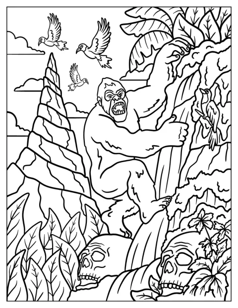 Brüllend klettert King Kong einen steilen Berg hinauf.