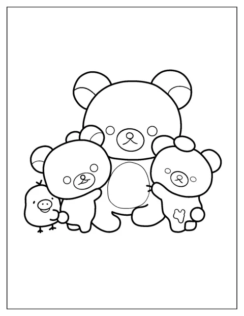Kiiroitori, Korilakkuma e Chairoikoguma abraçam Rilakkuma.