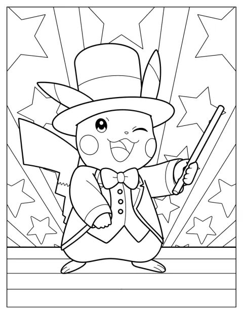 Pikachu draagt een hoge hoed en houdt een toverstaf vast.