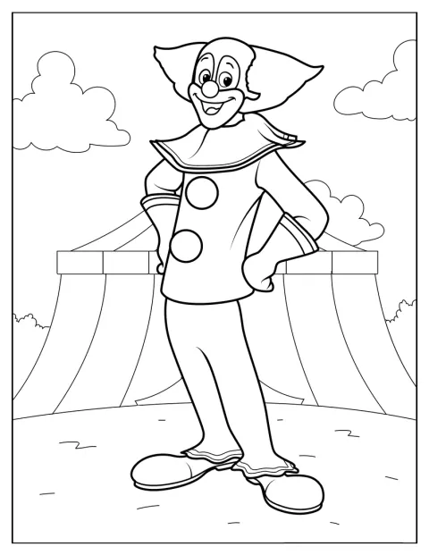 Un pagliaccio in costume da circo è pronto a esibirsi.