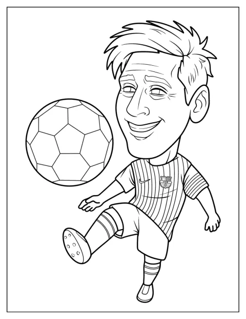 Lionel Messi surge numa caricatura, com uma bola de futebol junto aos pés.