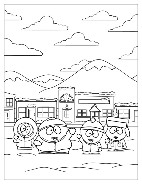 A South Park négy szereplője, Eric, Kenny, Kyle és Stan együtt áll.