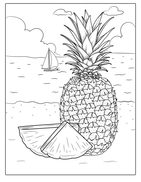 Una piña aparece sobre la arena, con el océano al fondo.