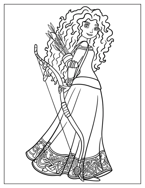 Merida houdt haar boog en koker met pijlen vast.