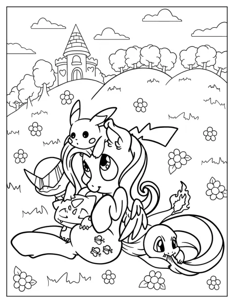 Fluttershy spielt mit Pikachu, Glumanda und Bisasam.