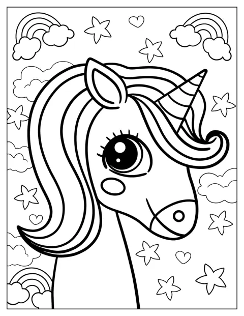 Un unicorno dall’aria tenera guarda avanti con grandi occhi luminosi.