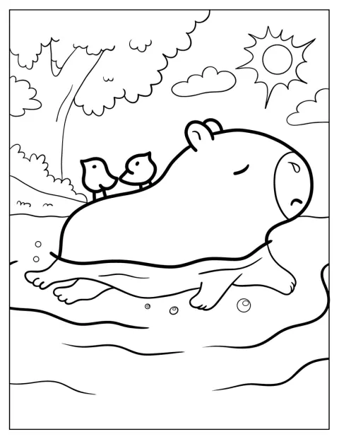 Kawaii Capybara Coloring Page Swimming With Birds For Kids