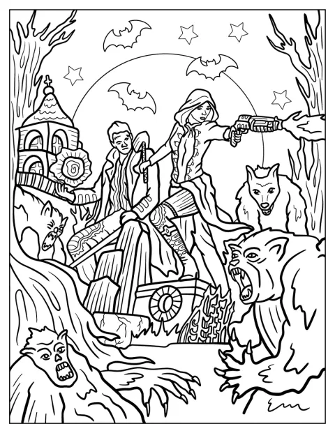 Fantasy Monster Hunters At Night With Werewolves And Bats