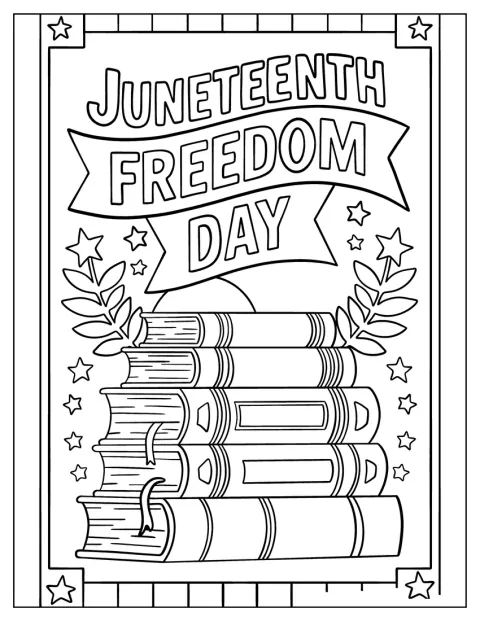 Baner z okazji Juneteenth wisi nad stosem książek.