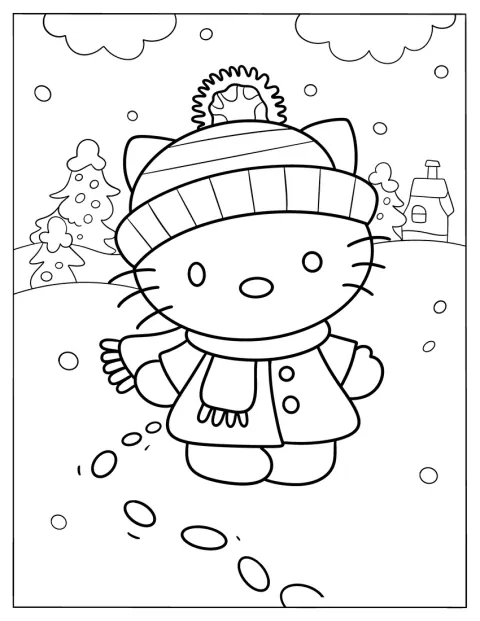 Hello Kitty porte une tenue d’hiver et sourit dans un décor enneigé.