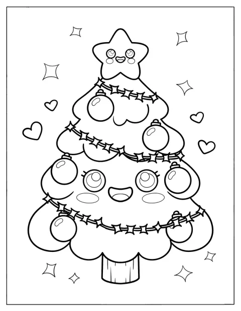 Un árbol navideño kawaii está rodeado de destellos y corazones.