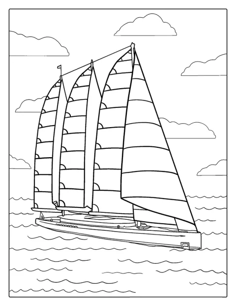4本の帆を広げた大型ヨットが海に浮かんでいます。