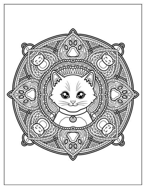 Um gatinho de coleira está rodeado por uma mandala com motivos de gatos.