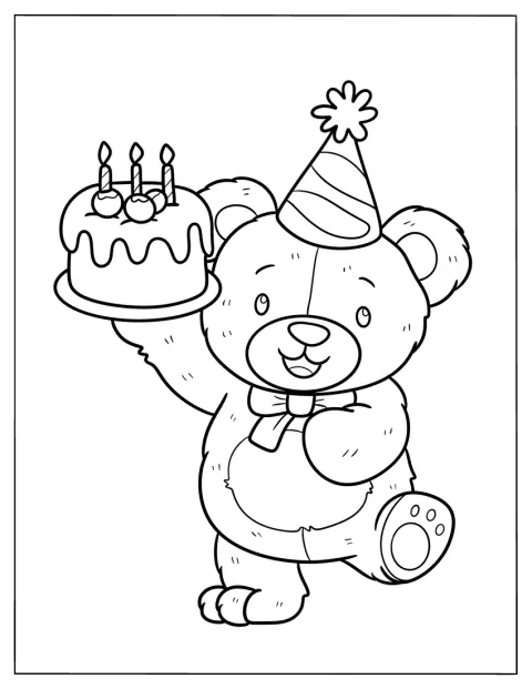 パーティーハットをかぶったテディベアが、誕生日ケーキを持っています。