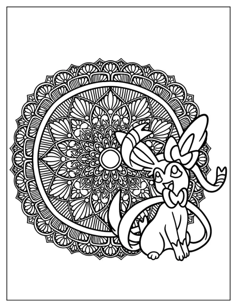 Sylveon er innrammet av et detaljert mandalamønster.