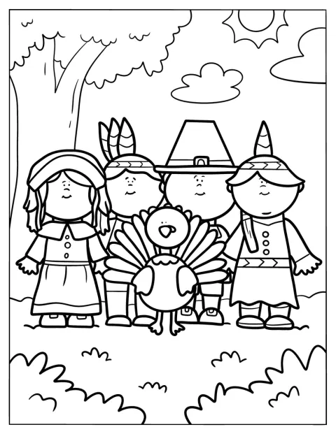 Chibi-Pilger und Native Americans stehen bei einem Truthahn.