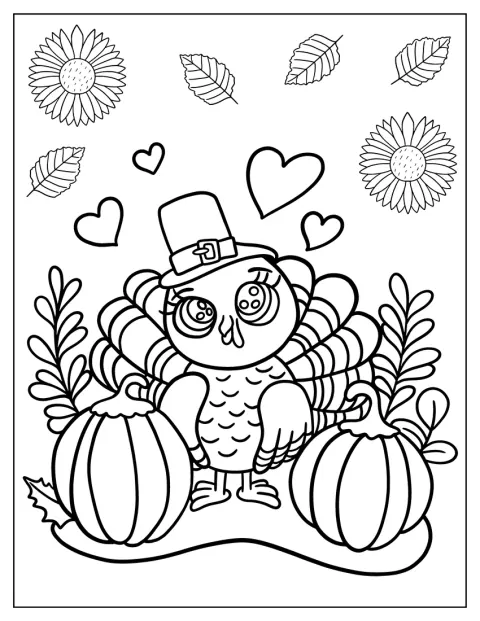 Een vrolijke cartoonkalkoen staat tussen pompoenen voor Thanksgiving.