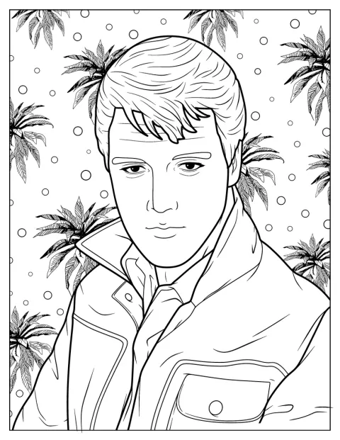Elvis aparece num retrato simples, rodeado por folhas.