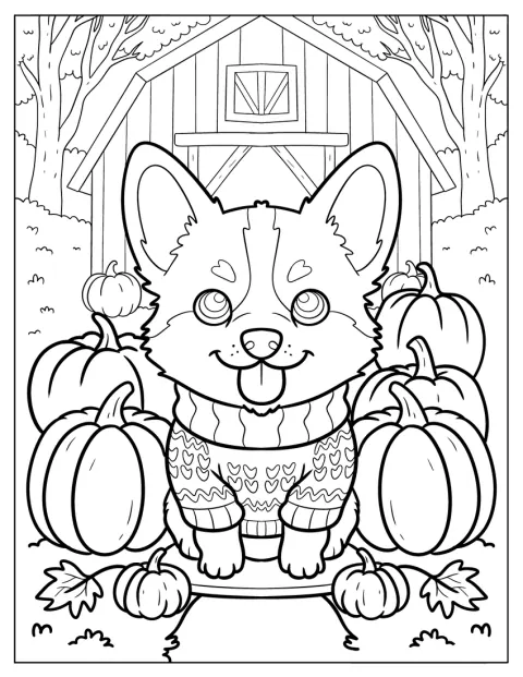 Een corgi draagt een trui en zit tussen pompoenen.