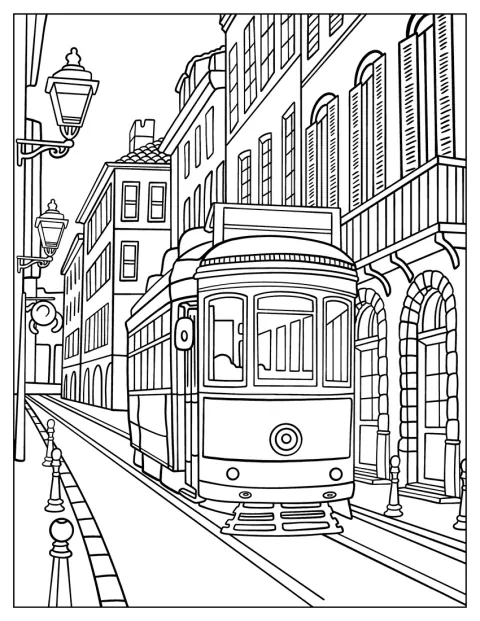 Un tranvía antiguo recorre una calle de una localidad europea.