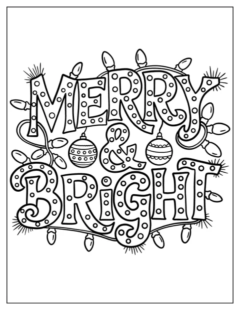 Merry & Bright Text Tangled with Christmas Lights Coloring Page
