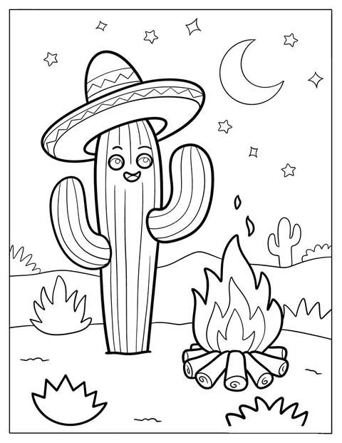 Un cactus de dessin animé porte un sombrero près d’un feu de camp.