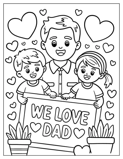 Barn och pappa håller upp en skylt med texten vi älskar dig, pappa, omgiven av hjärtan.