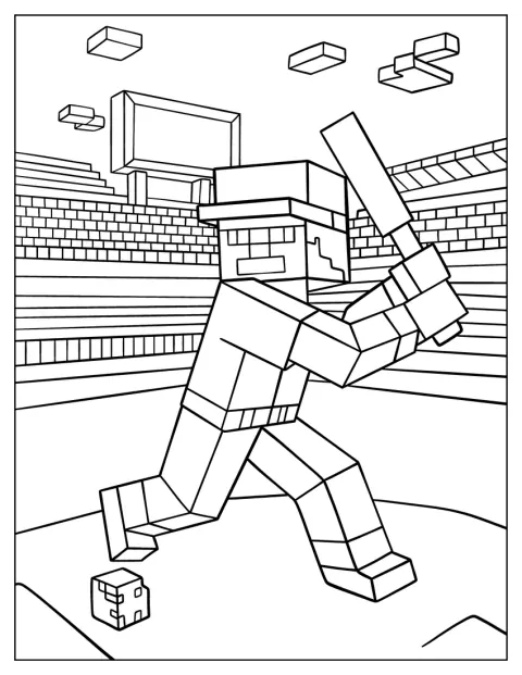 Een Minecraft-honkbalspeler staat klaar om de bal te slaan.