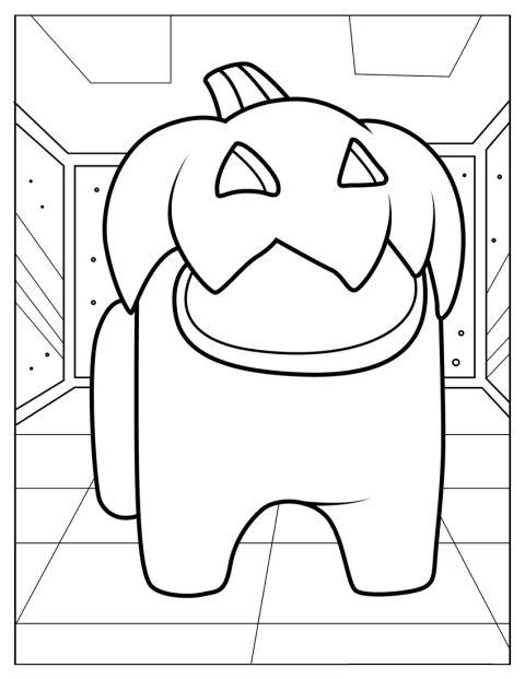 Een Among Us-crewmate staat naast een uitgeholde Halloweenpompoen.