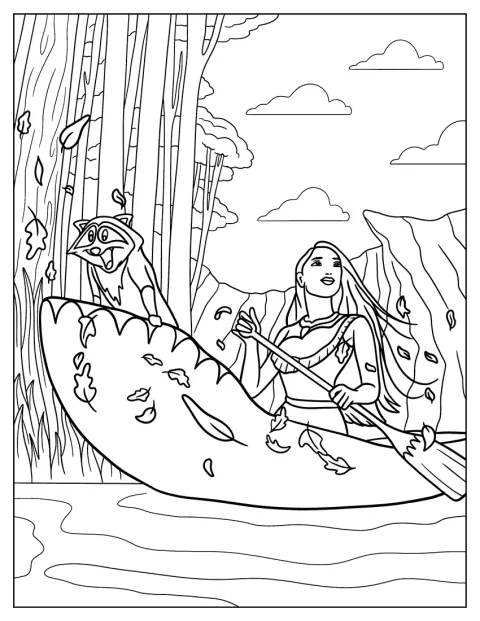Pocahontas a Meeko se brodí řekou.