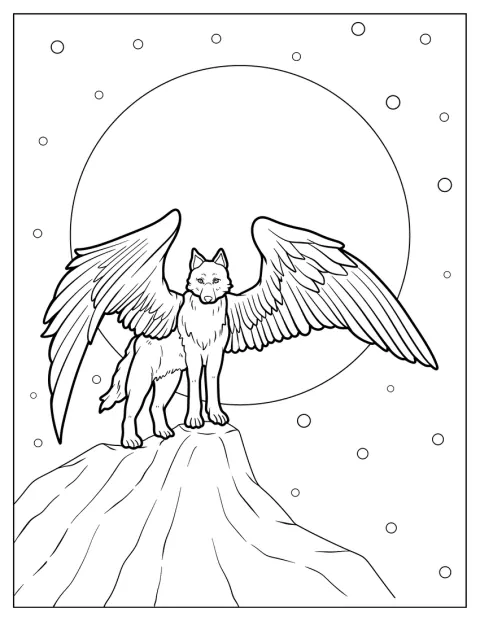 Een wolf met engelenvleugels staat voor een volle maan.