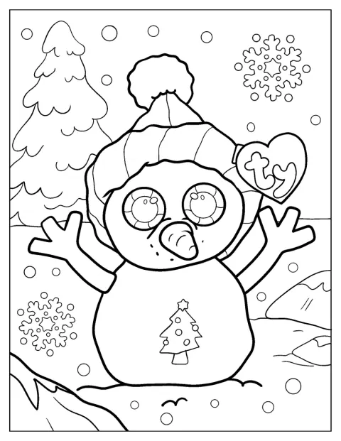 Beanie Boo Misty staat als sneeuwpop in een winters landschap.
