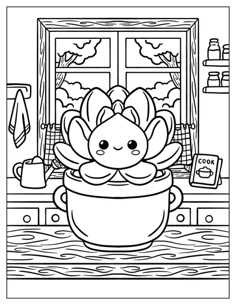 Una echeveria crece en una maceta colocada en la cocina.