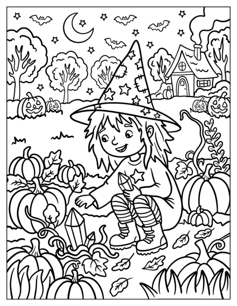 Una strega esplora il paesaggio e raccoglie cristalli scintillanti.