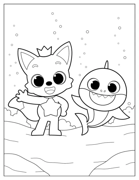 Pinkfong stă alături de Baby Shark într-o scenă subacvatică.