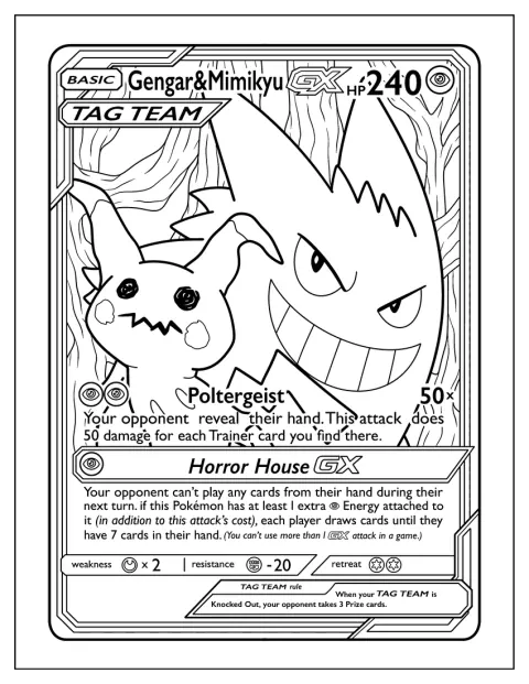 A Pokémon-kártyán Gengar és Mimikyu látható poltergeistként.