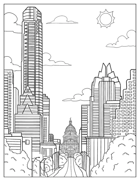 O horizonte de Austin inclui edifícios altos e o Capitólio do Texas.