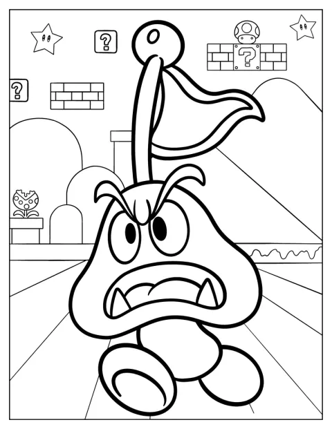 Un Goomba se trouve au pied d’un mât de drapeau dans l’univers de Super Mario.