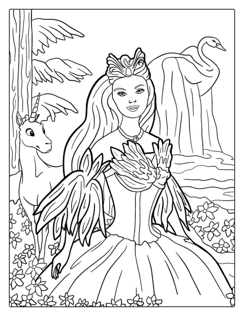 Barbie on pukeutunut joutsenprinsessaksi yksisarvisen vierellä.
