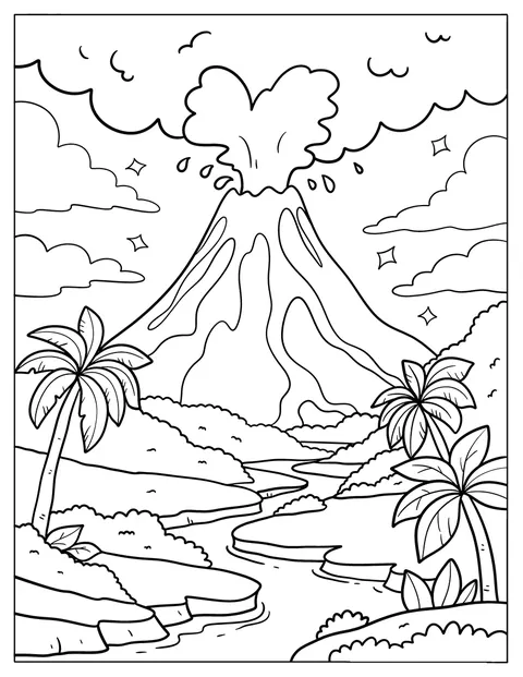 島の火山から煙が噴き出し、雲の浮かぶ空へ広がっています。