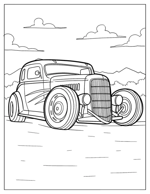 Un hot rod cu caroseria joasă rulează pe un drum sub cerul liber.