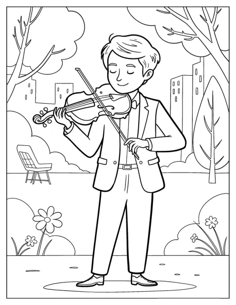 Um violinista toca no meio de um parque urbano.