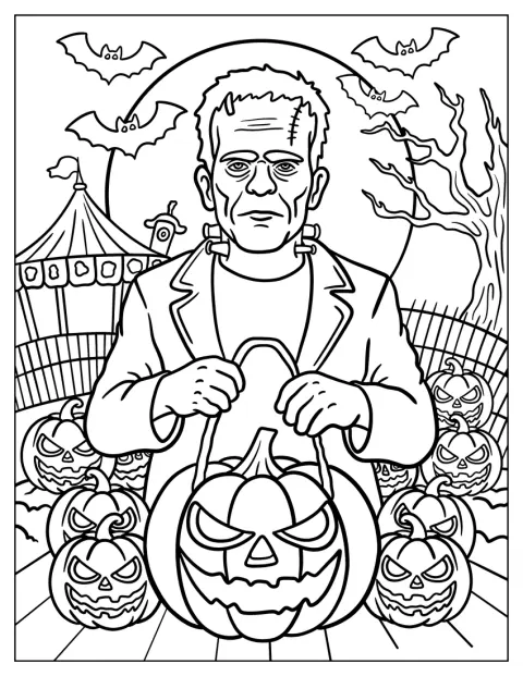 Frankenstein sale a pedir caramelos con una bolsa con forma de calabaza.