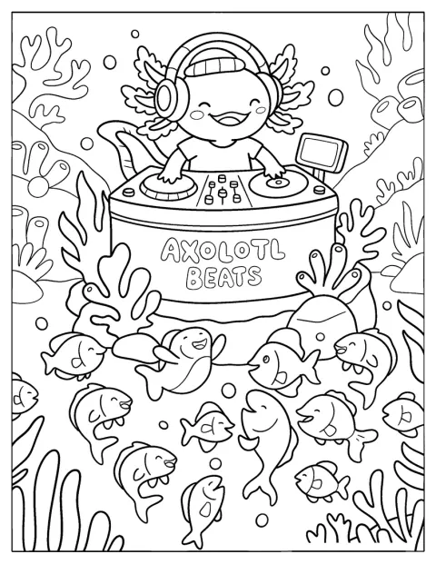 Un axolotl DJ suona musica mentre i pesci ballano.